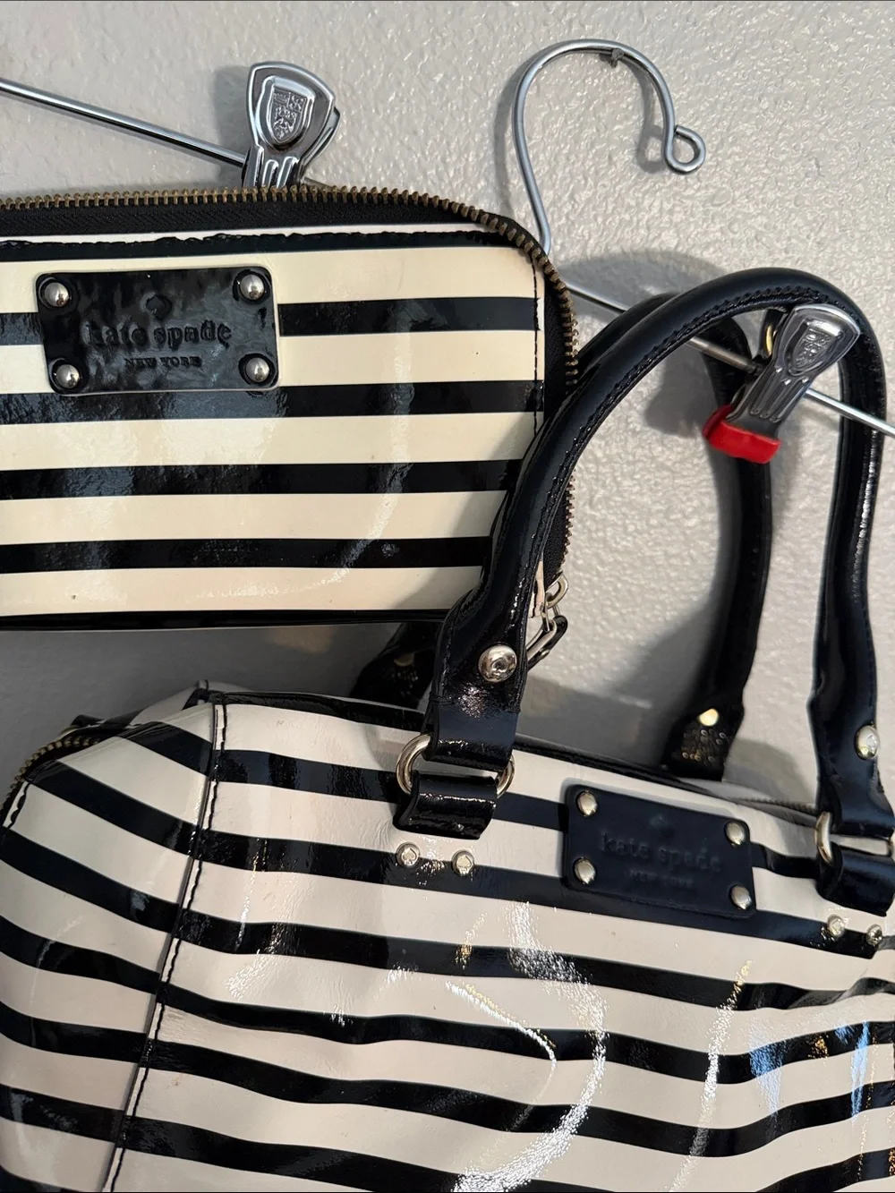 kate spade Black & White Striped Satchel with Matching Zip Wallet
